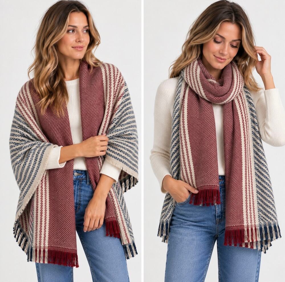 Susan Joy Striped Shawl Wrap Scarf Burgundy Cream Navy Fringe 25” x 78”